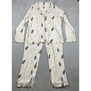 BedHead Pajamas Set Womens Medium Champagne Bottle Print Long Sleeve Made in USA